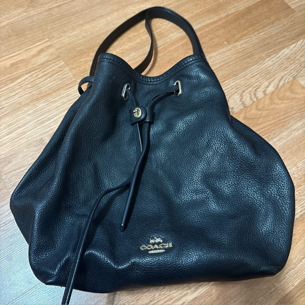 Coach Black Pebbled Leather Bucket Bag with Gold Accents